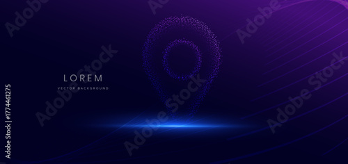 Particle glowing location pin icon on dark background. Technology futuristic medical concept.