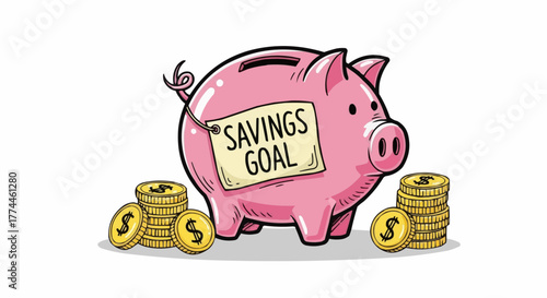 A pink piggy bank with a savings goal label beside several gold coins, encouraging the concept of saving money