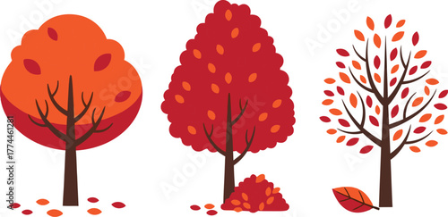 Three stylized autumn trees with colorful falling leaves and scattered foliage on white background