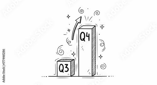 Financial growth from Quarter 3 to Quarter 4, illustrated by a growing bar chart and upward arrow. Reflecting progress and achievement in business