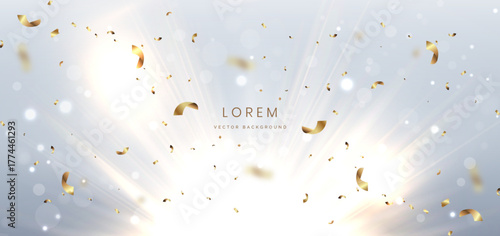 Abstract luxury white background with gold lighting and gold confetti effect and bokeh.