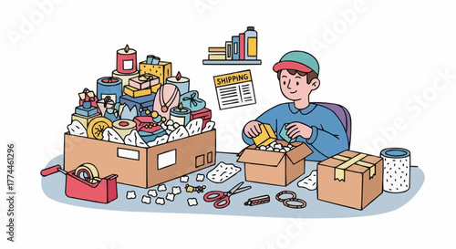 A person carefully packing parcels for shipping, surrounded by packing materials, with a pile of goods ready to be shipped 