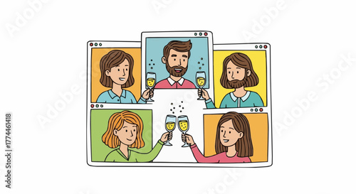 Virtual gathering: Five people connect online, raising glasses in a digital toast from the comfort of their own homes.