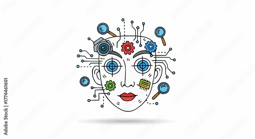 Obraz premium Intricate line drawing of a stylized face with gears and circuits, representing artificial intelligence. This artwork combines elements of technology and the human form.