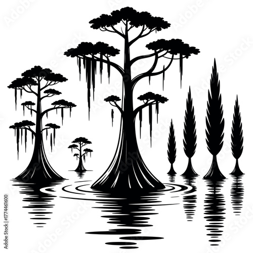 Silhouette of cypress trees with Spanish moss, reflected in calm water, depicting a serene swamp ecosystem