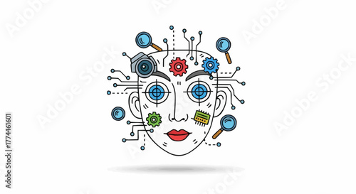 Intricate line drawing of a stylized face with gears and circuits, representing artificial intelligence. This artwork combines elements of technology and the human form.