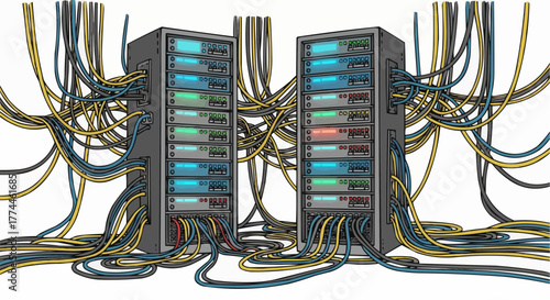 Server room data processing, information technology and connection network. Show the data server with many cables