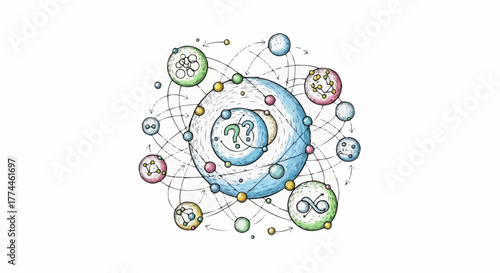 Abstract illustration of connected spheres representing a complex system. The illustration evokes a sense of interconnectedness and intricacy. 