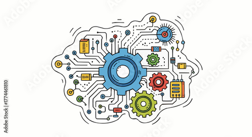 A colorful schematic drawing features gears, circuits, and other mechanical elements on a white background.