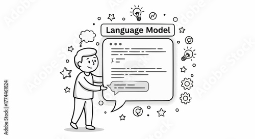 A cute cartoon character interacts with a language model interface surrounded by stars, gears, and lightbulbs.
