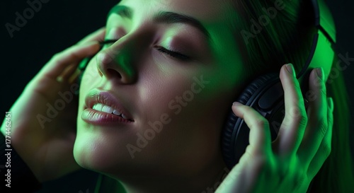 Woman listening to music with headphones illuminated by green light