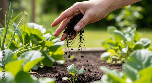 Gentle nurturing hand fertilizing a tiny green sprout with rich soil