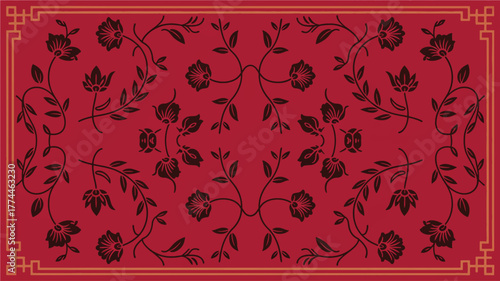 Elegant red floral pattern with dark accents and a decorative border