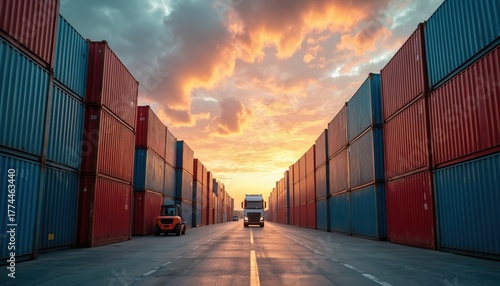 Wallpaper Mural Rows of stacked cargo containers at port terminal with truck, forklift. Dramatic sunset sky with orange clouds over industrial logistics scene. Shipping industry, global trade, freight transport. Torontodigital.ca