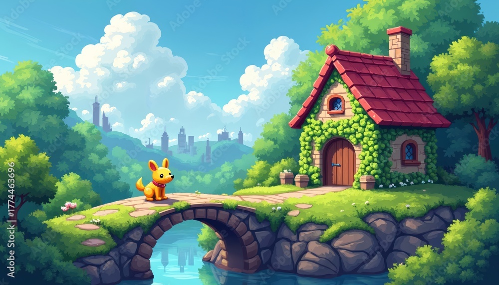 Naklejka premium Cute yellow dog stands on stone bridge near charming vine-covered cottage. Calm river flows below arch bridge. Green trees, vibrant landscape extend. Distant city buildings appear under bright blue
