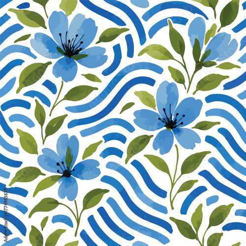Immerse your designs in this fresh watercolor pattern. Elegant blue flowers and green leaves float over abstract waves, creating a serene, artistic, and seamless background for fabric and decor.