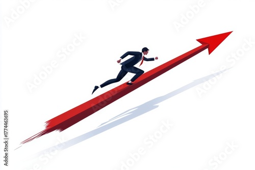 3D icon of a red arrow pointing upward and a person in a suit and tie running up it, white background, no shadow, vector illustration, vector illustration 