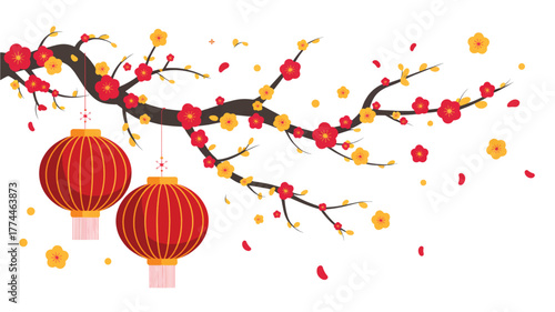 Chinese new year decoration with lantern and plum blossom