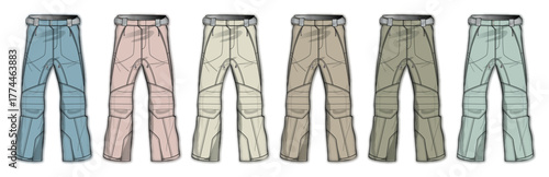 Set of technical outdoor ski or snowboard pants in various pastel and earth tone colors. Fashion design template illustration for winter sports apparel