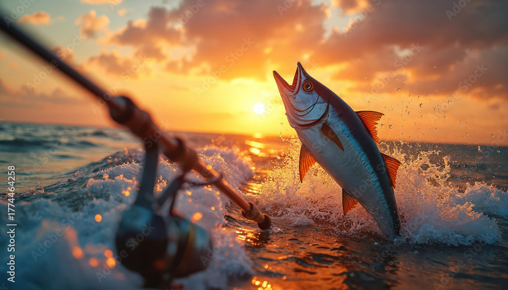Fototapeta premium Large fish jumps from ocean water at fiery sunset. Fishing rod, reel in foreground show intense sport fishing action. Golden light illuminates sea waves. Dramatic moment captures thrilling angler