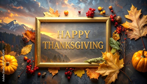 Happy Thanksgiving framed art with autumn leaves and pumpkins.