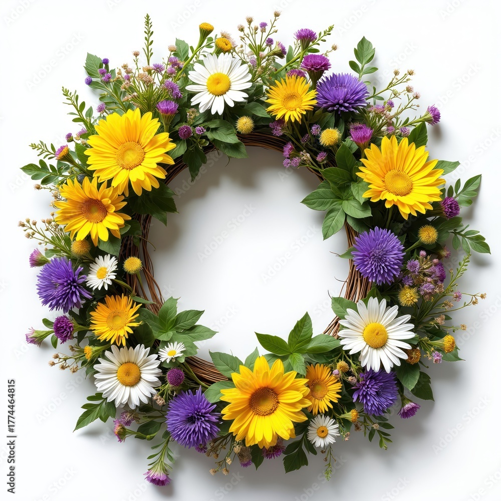 Fototapeta premium Round floral wreath of yellow white and purple wildflowers. Natural decoration with green leaves on white background. Summer spring outdoor nature beauty.