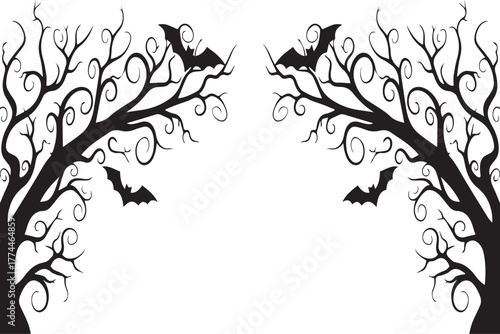 Black silhouette border of scary, barren, and twisted trees with flying bats on a white background. Perfect for a Halloween design frame or header.
