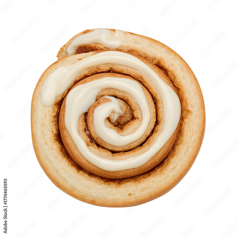 Fototapeta premium Cinnamon roll with cream cheese frosting isolated on the transparent background, fresh baked pastry dessert, swirl bun, breakfast treat, sweet glaze