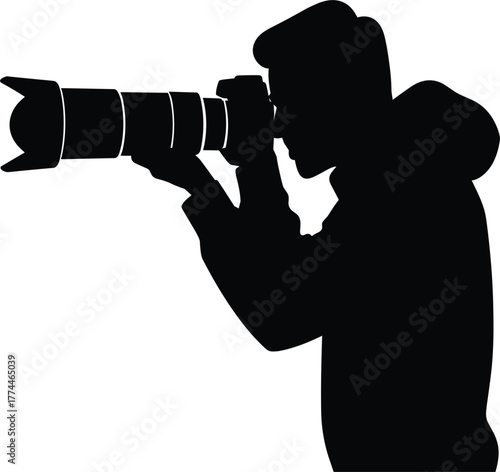 Photographer Shooting Silhouette Vector - Man with DSLR Camera and Telephoto Lens