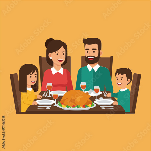 Turkey on a table with a family of four celebrating Thanksgiving or a holiday meal, with white plates, wine glasses and silverware on an orange background.