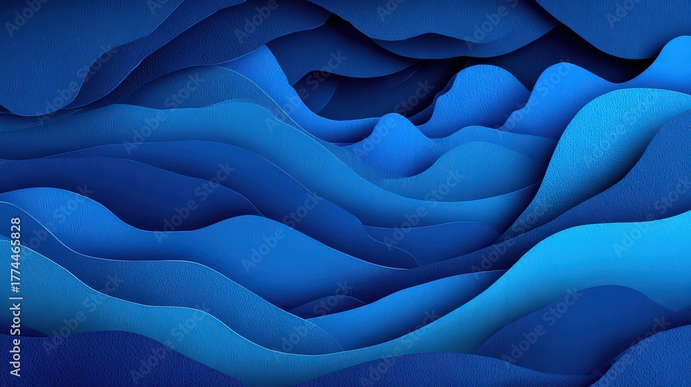 Obraz premium Abstract Blue Wavy Terrain Displaying Layered Forms and Textural Depth