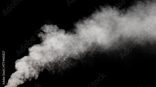 Dense gray smoke plume animation isolated on transparent background alpha, heavy horizontal smoke flow like factory stack, ship funnel, or locomotive steam, realistic industrial pollution vapor elemen