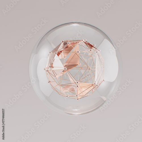 Rose gold crystal molecular innovation structure, abstract cosmetic product ingredient 3d rendering concept