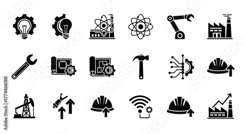 Black and White Engineering Icons Depicting Industry Technology and Progress.
