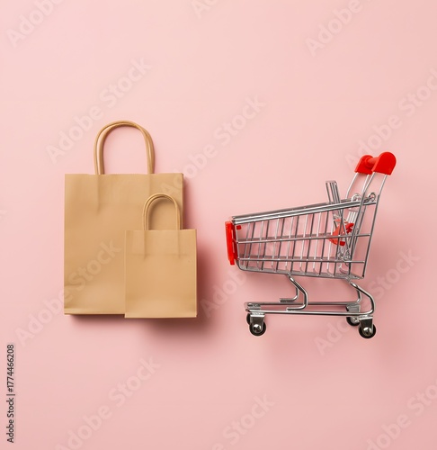 A trolley with brown shopping bags on a pink background. AI-generated close-up of a shopping concept.