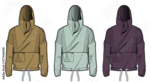 Three stylish hooded jackets in different colors, presented as fashion illustrations