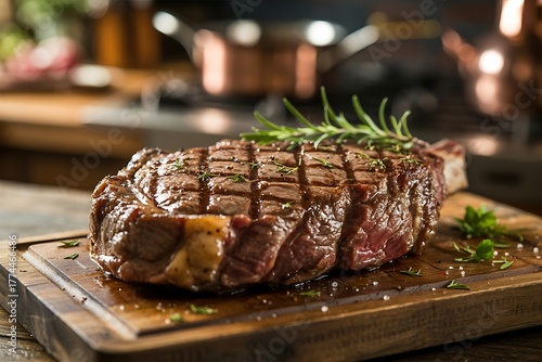 Juicy perfectly grilled thick cut bone in ribeye steak with rosemary garnish on a rustic wooden cutting board showcasing its char marks and rich marbling