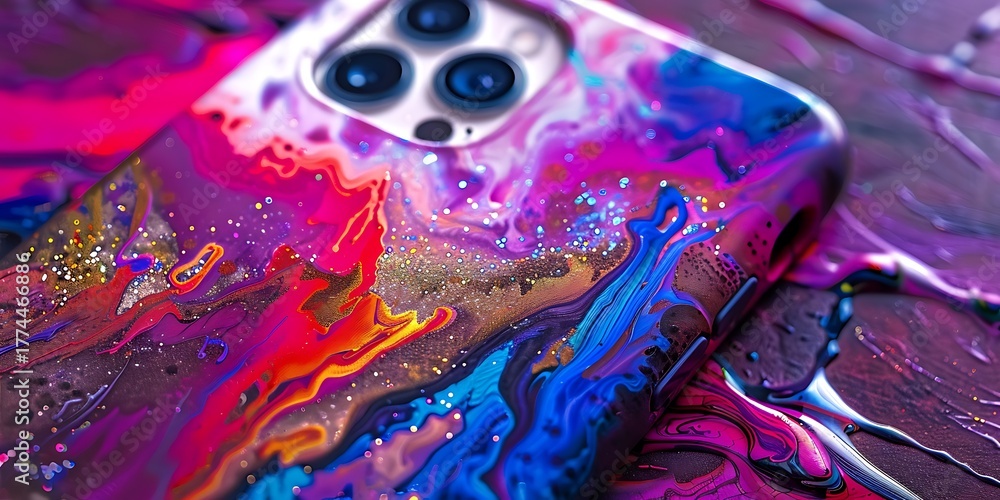 Obraz premium Vibrant abstract paint swirls on a modern device case, creating a colorful, artistic design.