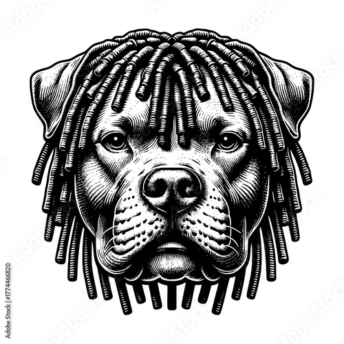 Pitbull with dreadlocks svg cut file. Isolated vector illustration.