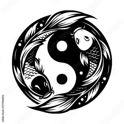Koi fishes on yin yang symbol svg cut file. Isolated vector illustration.