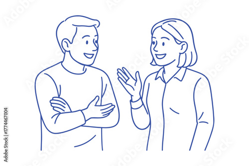 Engaging conversation between colleagues, perfect for illustrating teamwork, brainstorming, or workplace dynamics, in a modern, minimalist style