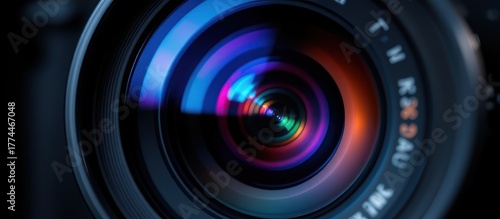 Close-up of a colorful camera lens showcasing reflections and intricate details.