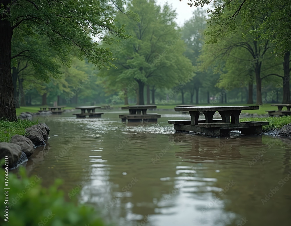 Fototapeta premium Flooded park after heavy rain. Wooden picnic tables stand in water. Trees reflected in the water. Landscape scenery, nature environment. Global warming impact.