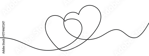 Couple symbol. Two hearts continuous line drawing scribble doodle sketch vector illustration in transparent background