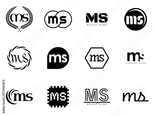 MS logo company template. Letter m and s logotype. Set different classic serif lettering and modern bold text with design elements. Initial font typography.