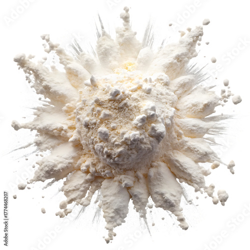  Flour explosion white powder baking ingredient food texture isolated on white background ,PNG. AI Generated.