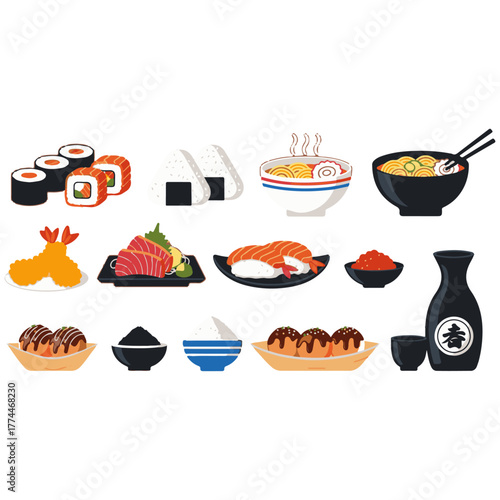 Japanese cuisine vector illustration featuring sushi rolls, ramen noodles, tempura shrimp, gyoza dumplings, miso soup, and edamame beans in flat cartoon style on white background for food design conce