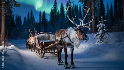 Majestic reindeer pulling a sleigh through a snowy forest under the enchanting glow of the northern lights