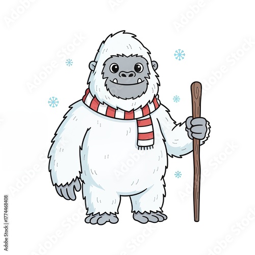 Cute Cartoon Yeti or Abominable Snowman with Scarf and Stick