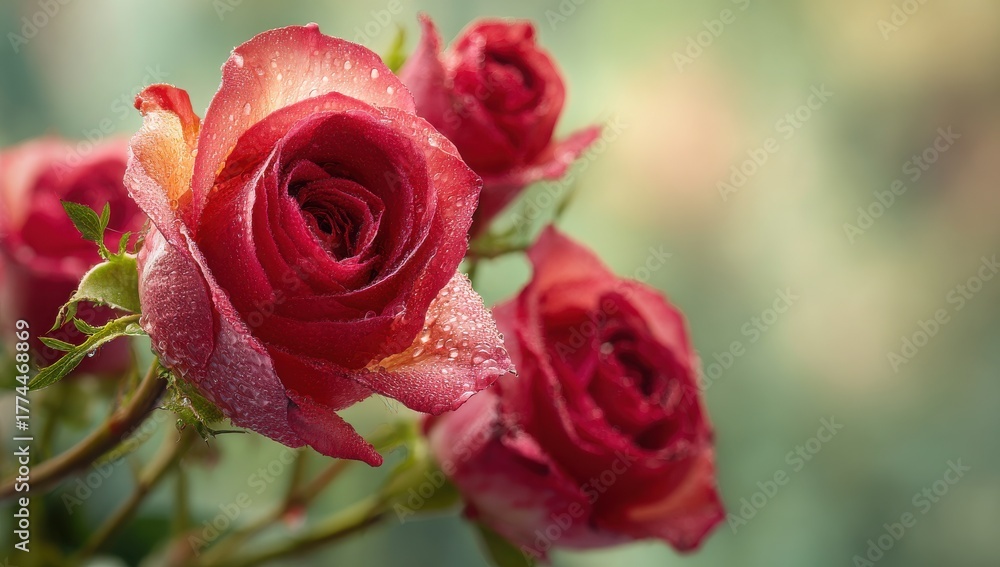 Fototapeta premium Three red roses are in a vase with water droplets on them